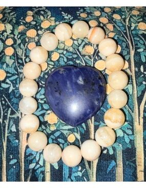 Yellow Cream Jade Stone Beaded Stretch Bracelet & Blue Sodalite Worrystone Set